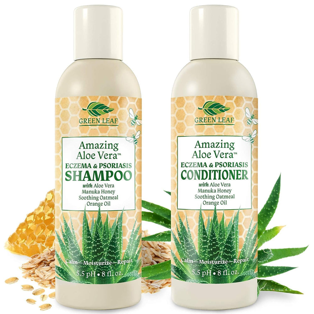 Green Leaf Naturals eczema shampoo bottle with soothing aloe vera for dry scalp relief.