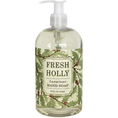 Greenwich Bay Fresh Holly hand soap bottle showcasing shea butter and eucalyptus oil for refreshing cleansing.