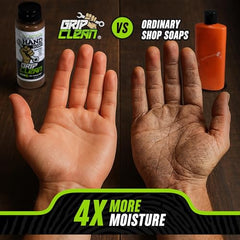 Grip Clean clay-infused technology close-up emphasizes pumice for stubborn grease.