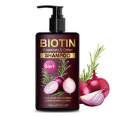 Grospe Onion-Rosemary Shampoo bottle highlights three-in-one care for daily moisture.