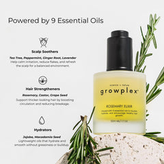 Growplex Rosemary Elixir in-shower routine scene suggests lightweight, non-greasy formula.