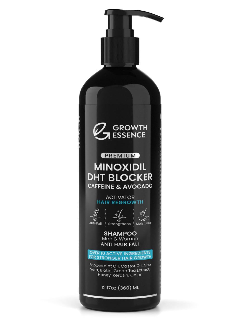 Growth Essence minoxidil-biotin shampoo bottle pour demonstrates a nourishing cleanse for a healthier scalp