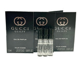 Gucci Guilty three-bottle sample set for men, ideal for testing.