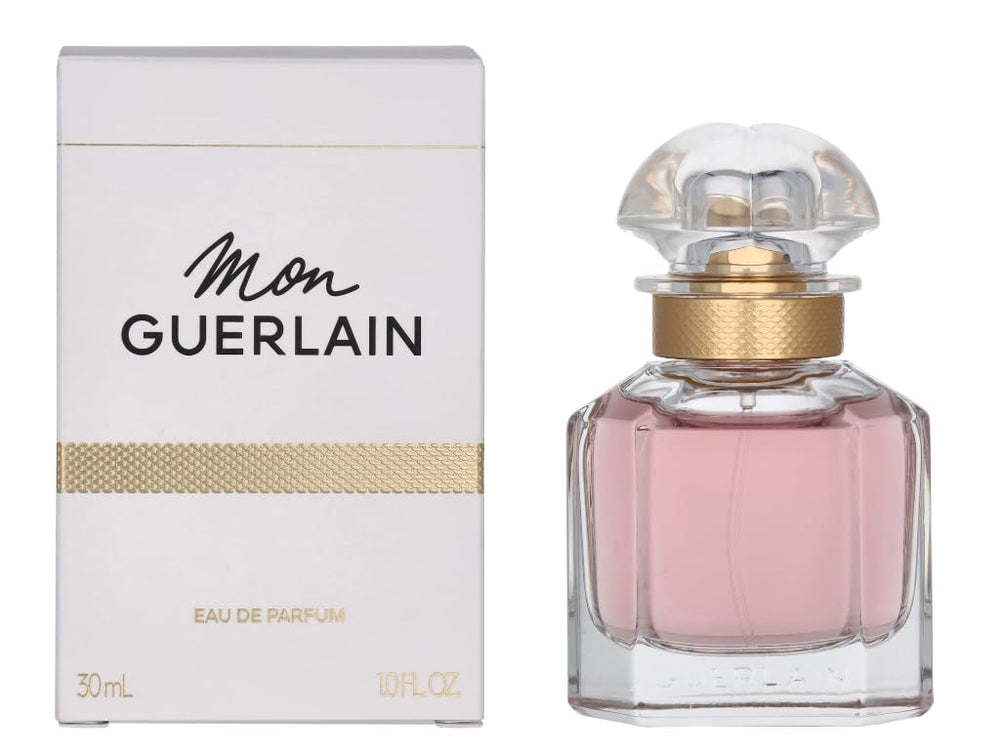 Guerlain Mon Guerlain bottle close-up shows elegant craftsmanship for daily luxury.