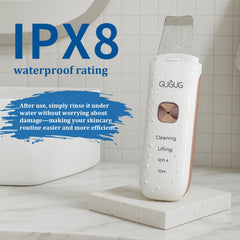 GUGUG Skin Scrubber Ion+ mode closeup for pore clearing benefits.
