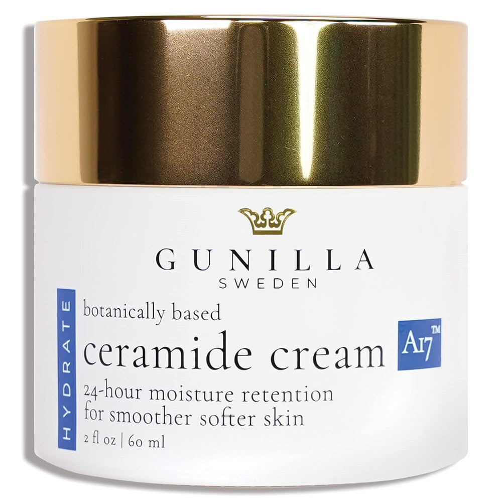 Gunilla Ceramide Cream jar closeup showcases a rich, plant-based moisturizer for lasting hydration.