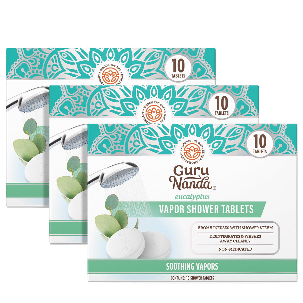GuruNanda Eucalyptus Vapor Shower Tablet packaging showcases natural aromatherapy.