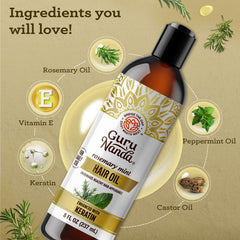 GuruNanda rosemary mint oil dropper applying to scalp for hydration.