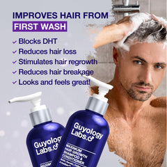 Guyology Labs DHT-blockers label highlights saw palmetto benefits for thinning hair support.