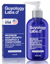 Guyology Labs hair-growth-shampoo-bottle promises fuller roots with regular use.