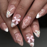 GXOIPNS white French tip press on nails with bow floral design for chic style.