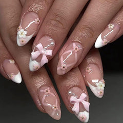 GXOIPNS white French tip press on nails with bow floral design for chic style.