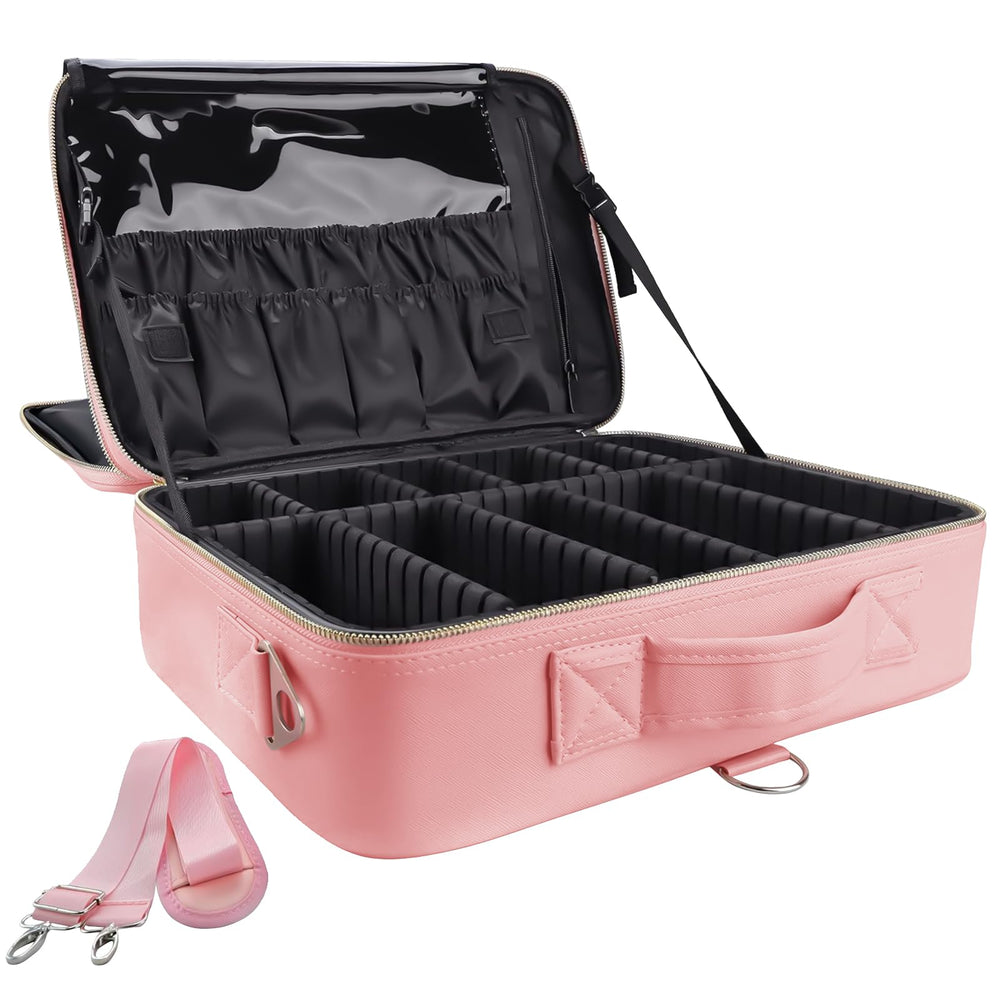 gzcz large-capacity travel makeup case front view shows durable PU leather and organized layout.