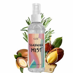 GZE Hair Silkening Spray Mist bottle being applied for instant frizz control and shine