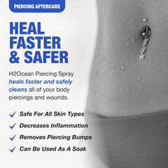 H2Ocean sterile saline piercing solution bottle emphasizes safe, gentle cleansing