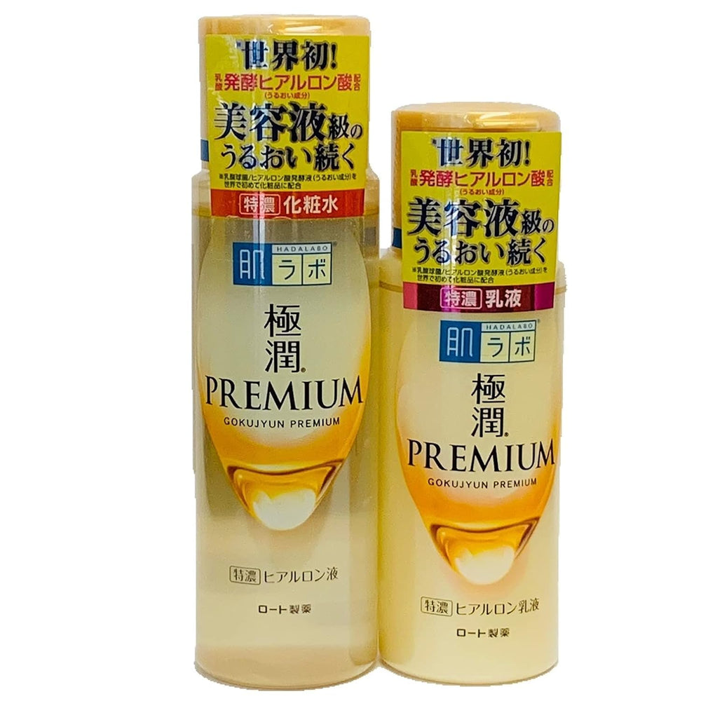 Hada Labo Gokujyun premium hyaluronic lotion bottle displays deep hydration in a lightweight formula.