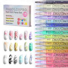 HAIOLORPRO 18 colors nail art pens set swatches show vibrant shades for at-home manicures.