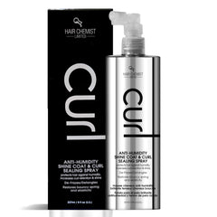 Hair Chemist CURL anti-humidity spray bottle shows protection for curls.