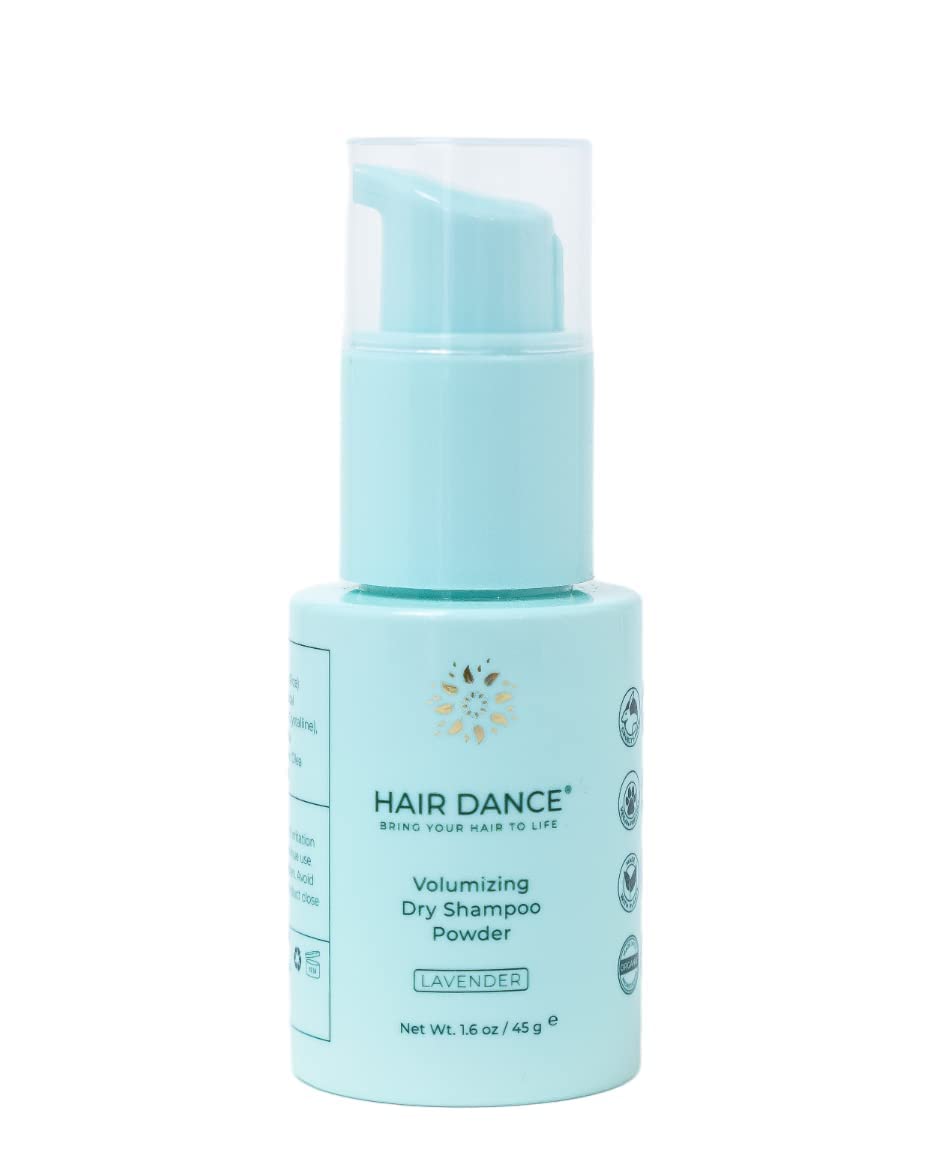 Hair Dance Dry Shampoo Powder Lavender bottle pour shows non-aerosol design and scent benefits