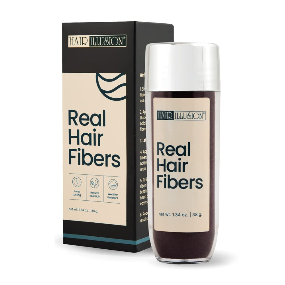 Hair Illusion dark brown fibers on scalp for instant fuller look