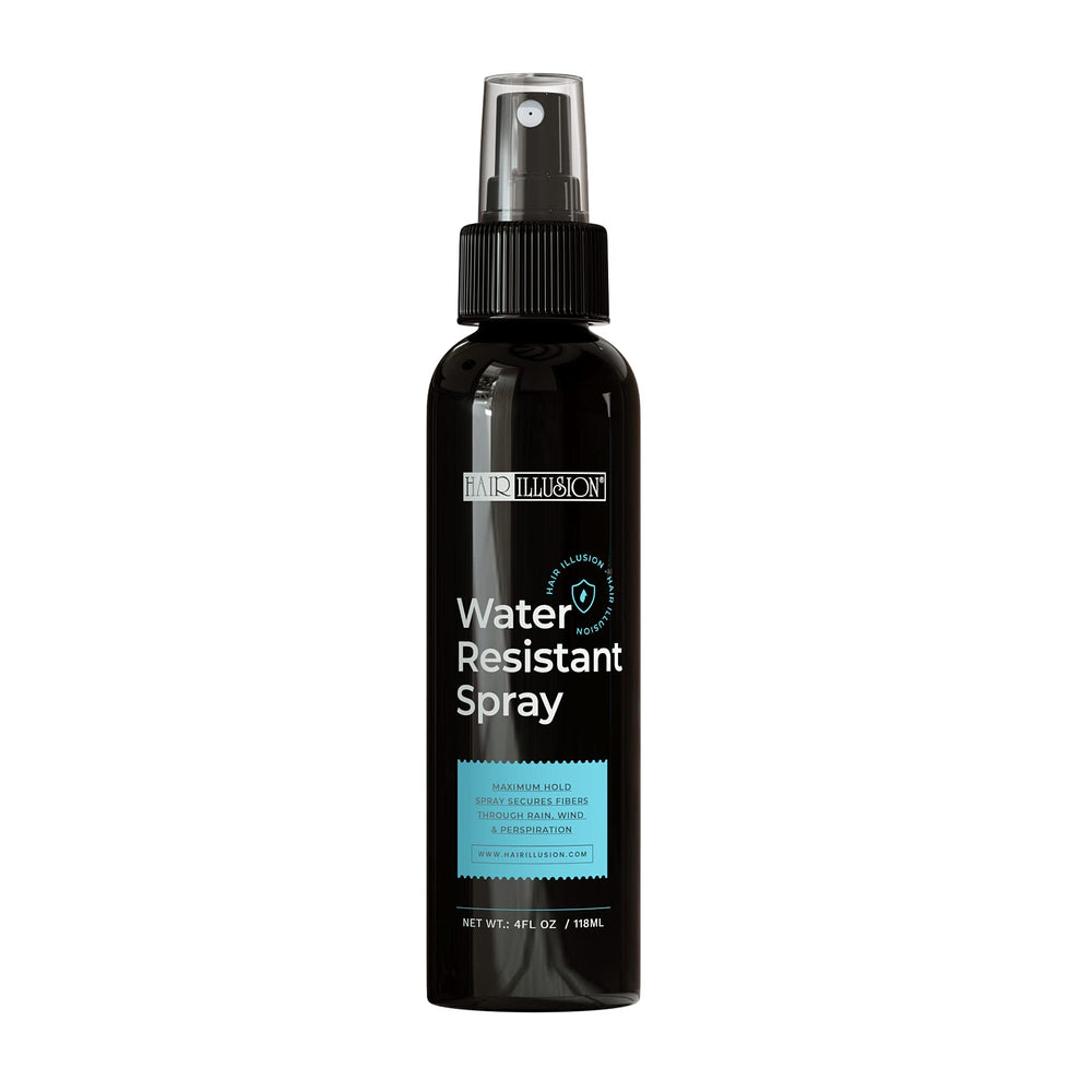 Hair Illusion water-resistant spray bottle shows rain-ready styling for outdoor looks.