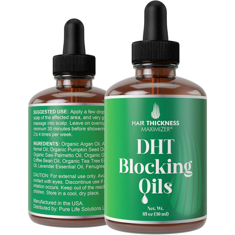 Hair Thickness Maximizer DHT Serum bottle shows vegan unscented formula for daily scalp hydration
