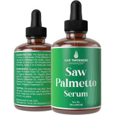 Hair Thickness Maximizer Saw Palmetto Serum bottle highlights vegan scalp care and potential thickening.
