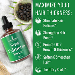 Hair Thickness Maximizer Saw Palmetto Serum in-use on scalp supports nourishing routine.