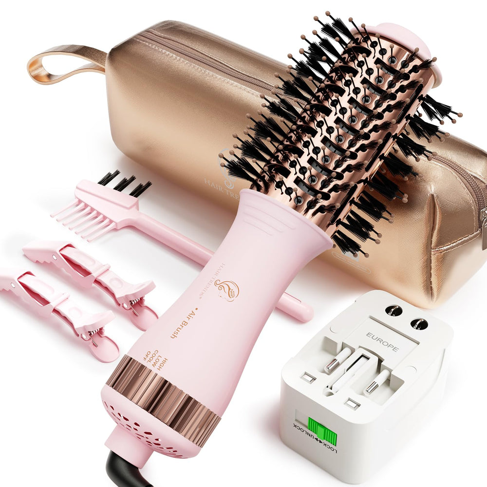 Hair Trends dual voltage travel hair dryer brush close-up showing compact design for easy packing.