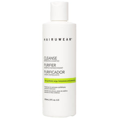 Hair U Wear cleansing shampoo bottle shows gentle cleanse for synthetic wigs and extensions.