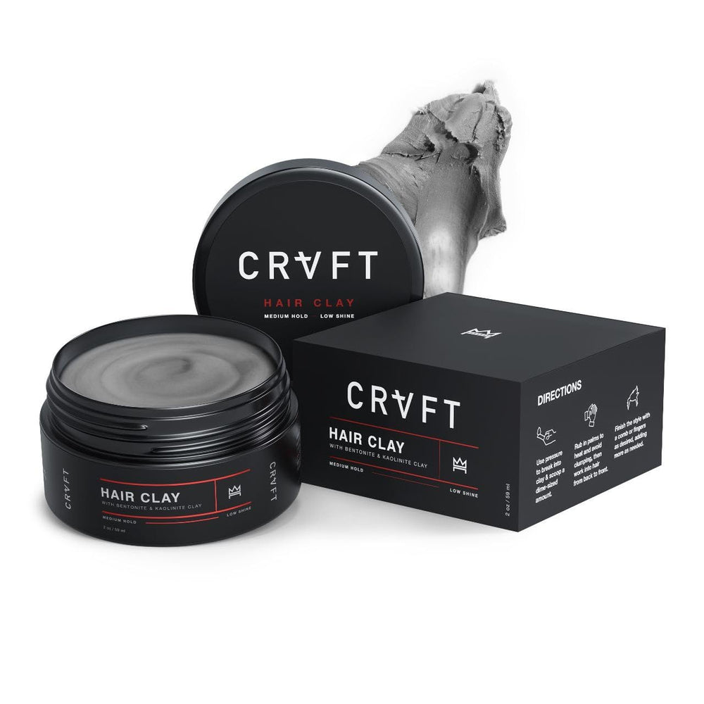 Hair Craft Co. CRVFT hair clay jar shows dense texture for controlled styling.