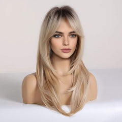 HAIRCUBE Blonde Wigs Long Curly bangs closeup shows natural bangs and hairline coverage.