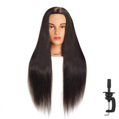 Hairingrid mannequin head front view in black for realistic styling practice.