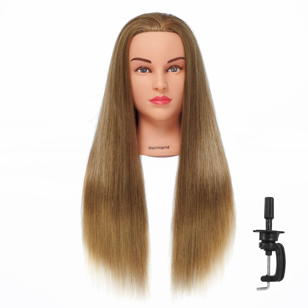 Hairingrid mannequin head in golden-brown full view for styling practice.