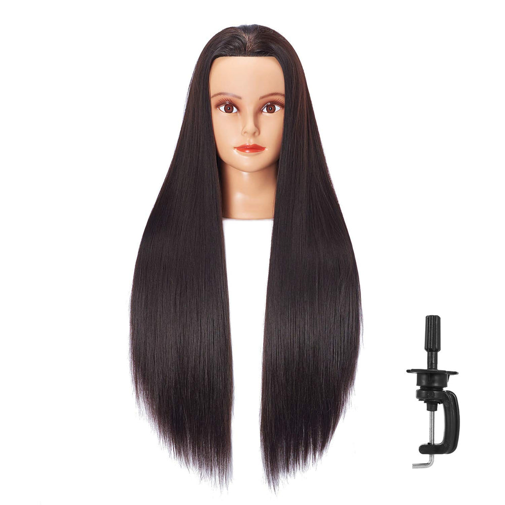 Hairlink mannequin head front view with 26-28 inch synthetic hair for practice.