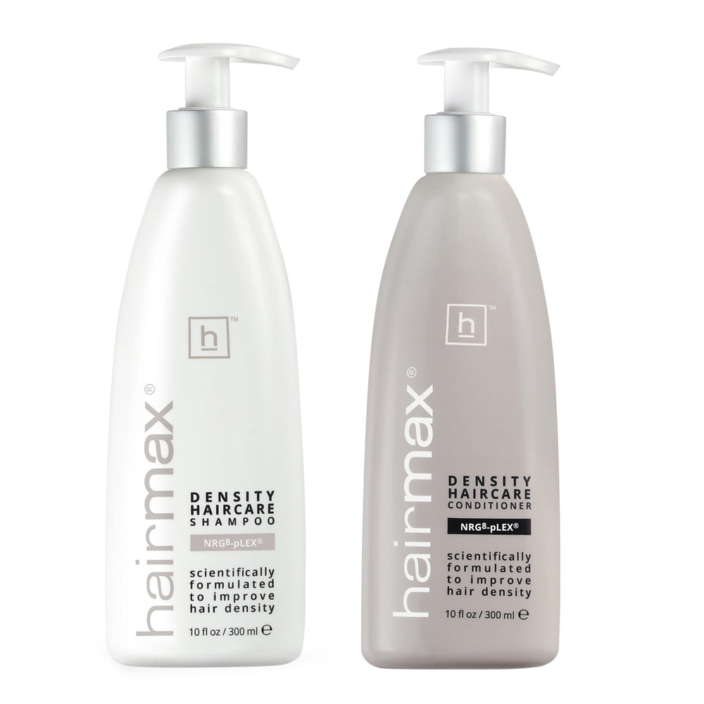 Hairmax Density Shampoo bottle demonstrates cleansing formula for fuller-looking hair.