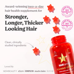 HAIRtamin Vegan Gummy Stars pour—easy two-gummy routine for hair health.
