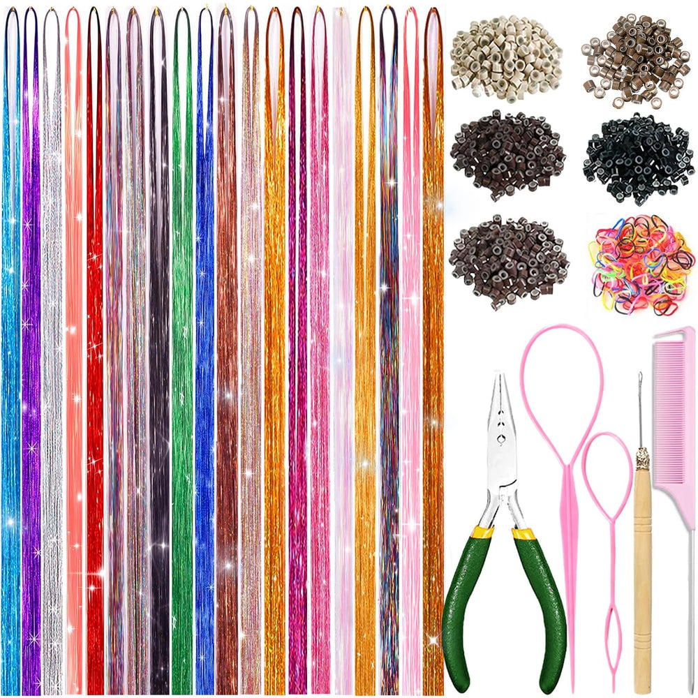 HAITOO Hair Tinsel Kit contents show 20 colors for versatile looks