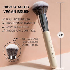 HALEYS Kabuki brush sustainable wood handle highlights eco-friendly tool.