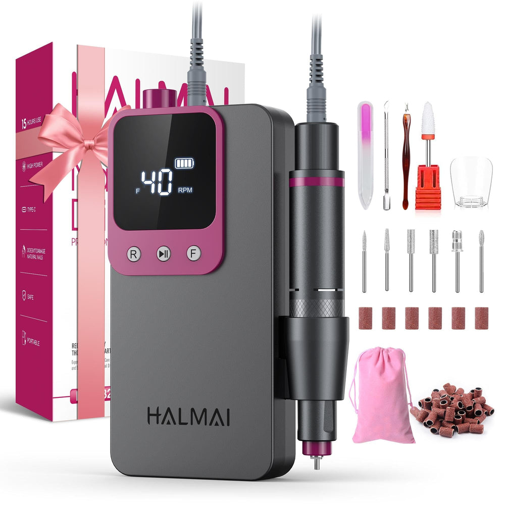 Halmai Electric Nail Drill Pro front view highlights 40k RPM performance for acrylic shaping