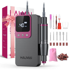 Halmai Electric Nail Drill Pro front view highlights 40k RPM performance for acrylic shaping