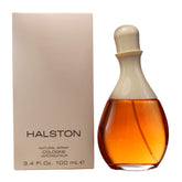 Halston cologne spray bottle for women, elegant packaging, long-wearing fragrance option.