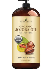 Handcraft Blends Jojoba Oil bottle demonstrates pure organic formula for skin and hair nourishment.