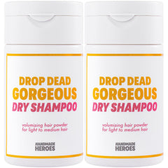Handmade Heroes dry shampoo bottle and packaging highlight vegan formula for light hair.