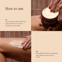 HANNI Splash Salve applied to wet skin during shower for quick conditioning