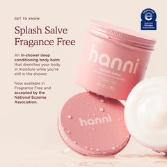 HANNI Splash Salve label highlights fragrance-free formula for sensitive skin.