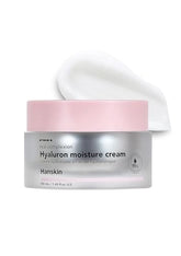Hanskin Hyaluron Moisture Cream close-up jar showing dewy finish for dry skin hydration