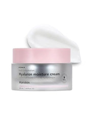 Hanskin Hyaluron Moisture Cream close-up jar showing dewy finish for dry skin hydration