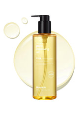 Hanskin Pore Cleansing Oil bottle closeup highlights gentle makeup removal and pore cleansing.
