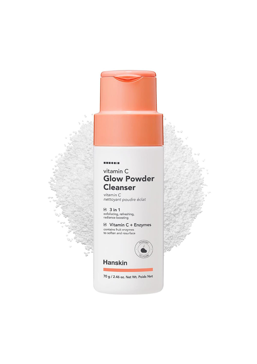 Hanskin Vitamin C Glow Powder Cleanser bottle for daily brightening and gentle cleansing.